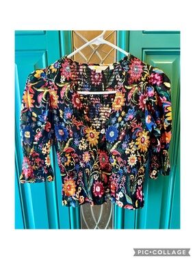 Boden Black Gardenia Smocked Bodice Crop Top